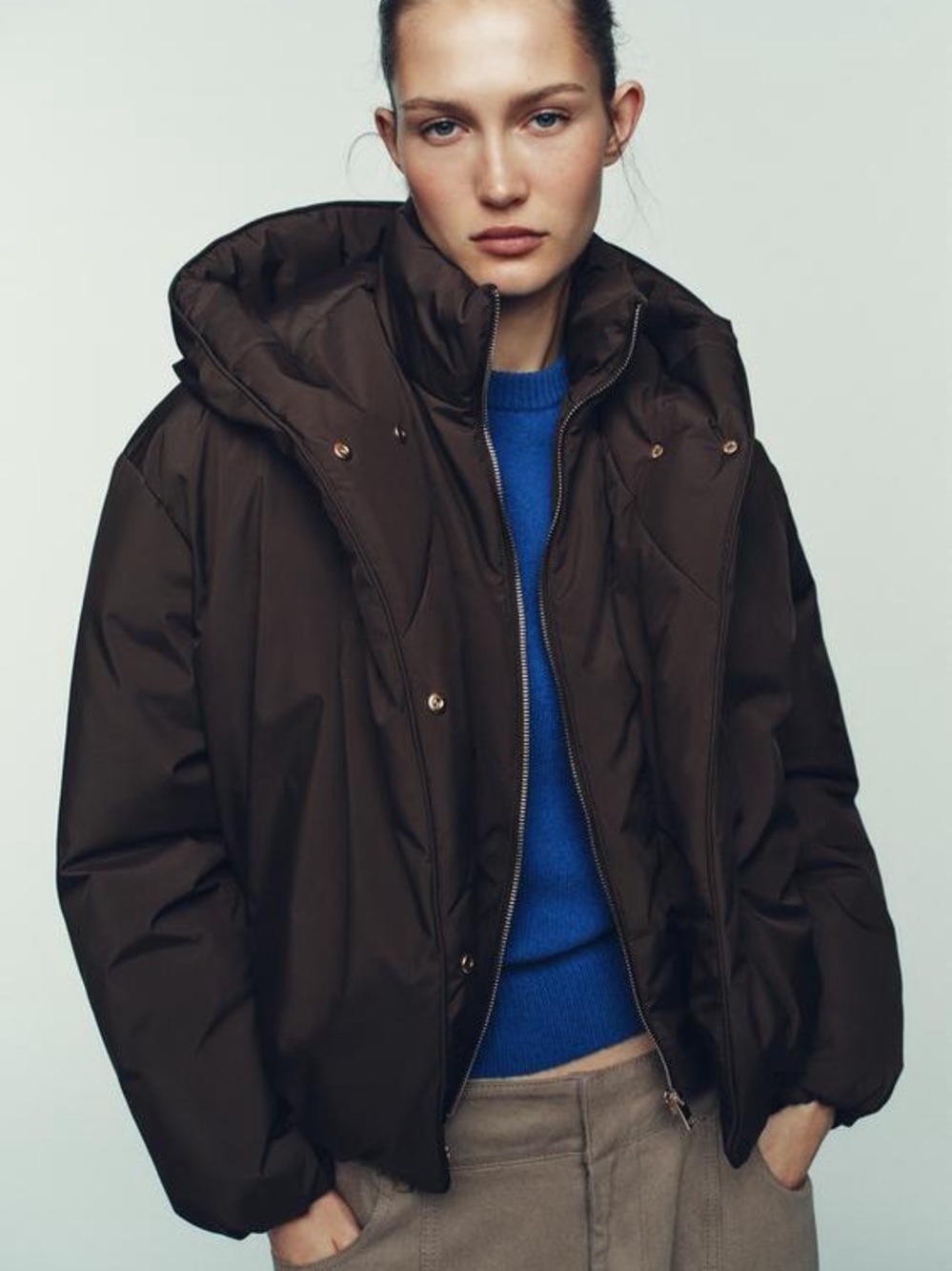 Zara Dark Brown Hooded Puffer Jacket